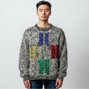 Vintage 80’s Street Scene Knit Multcolor Chunky Knit Wool Blend Sweater​